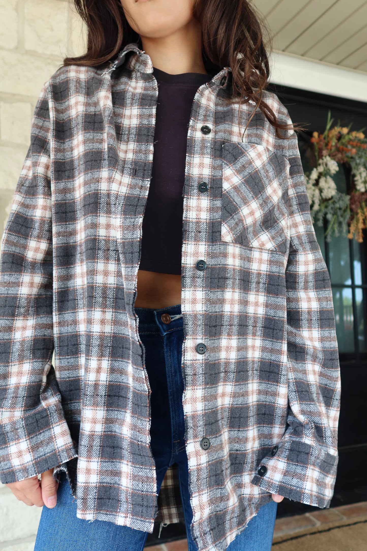 Angelica Raw Edge Plaid Button Down