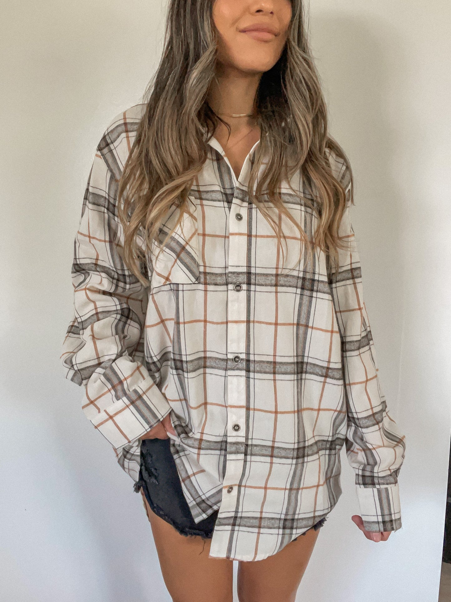 Amber Plaid Button-Up Top